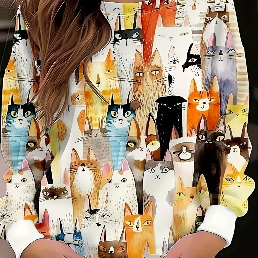 Womens Plus Size All Over Cat Party Print Long Sleeve Pullover Sweater Size XXL